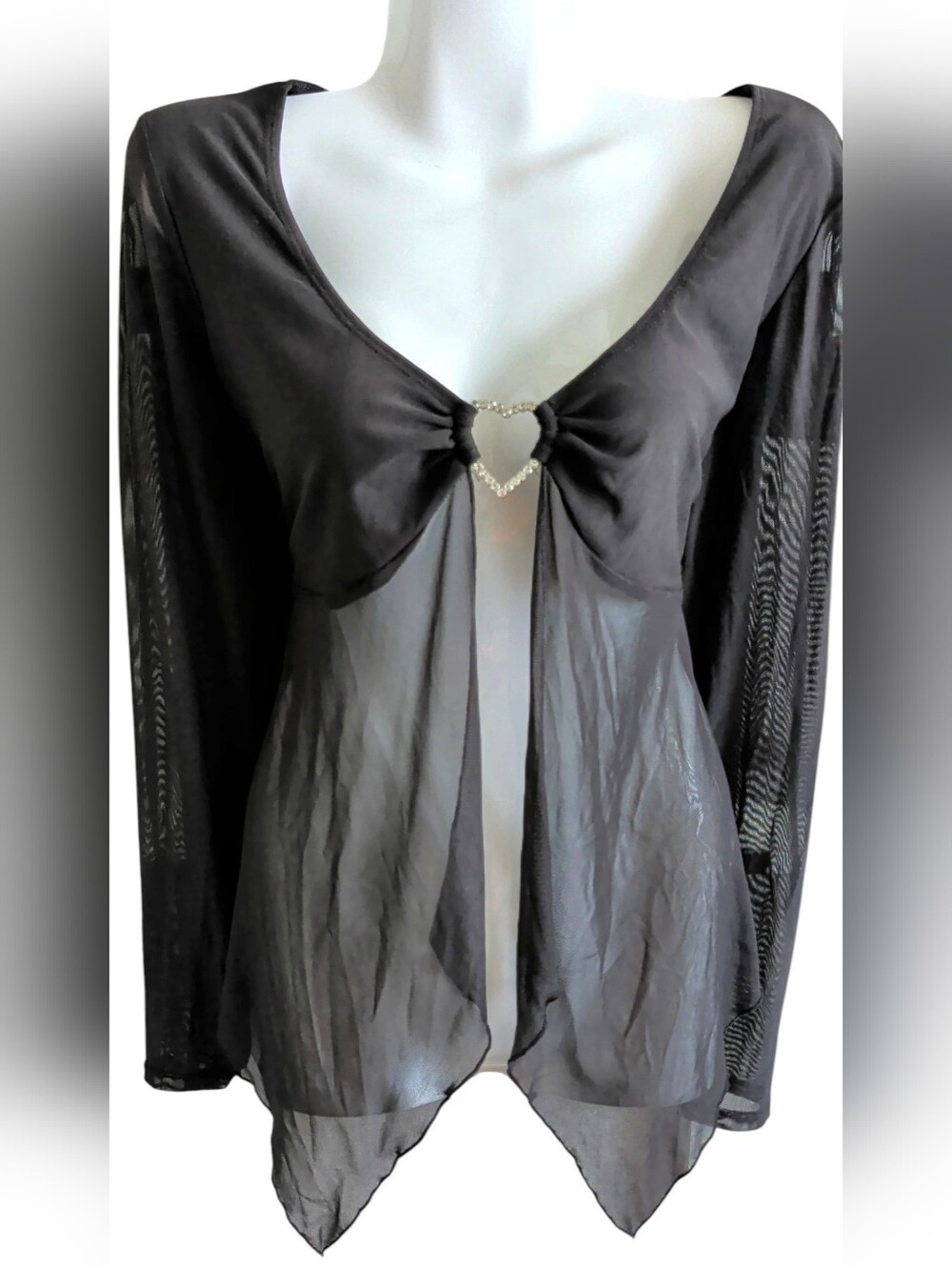 Sheer Black Rhinestone Heart Front Tie Blouse